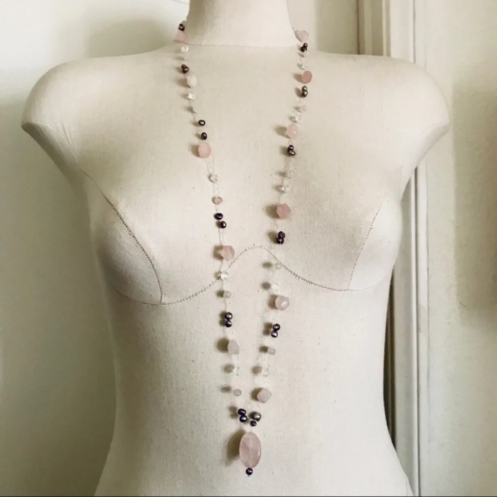 Handmade rose quartz baroque pearls crystal beads statement necklace